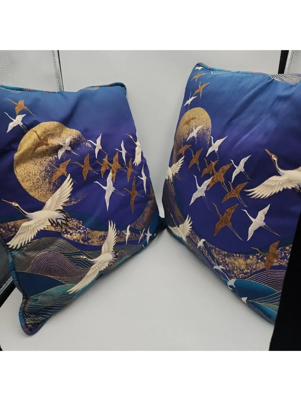 Vintage Blue & Gold Crane Pillows Set Of 2 16x16